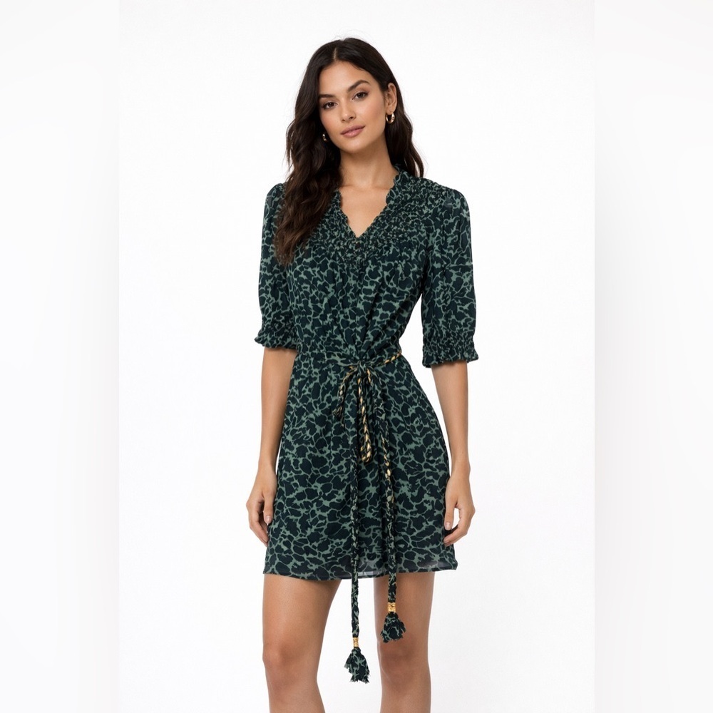 Olivia James The Label Green Animal Print Ruffle Belted Mini Dress